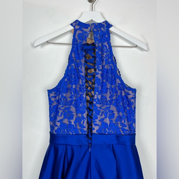 Jovani Blue Lace High Neck Lace Bodice Satin Long Dress Corset Back - Picture 5 of 16